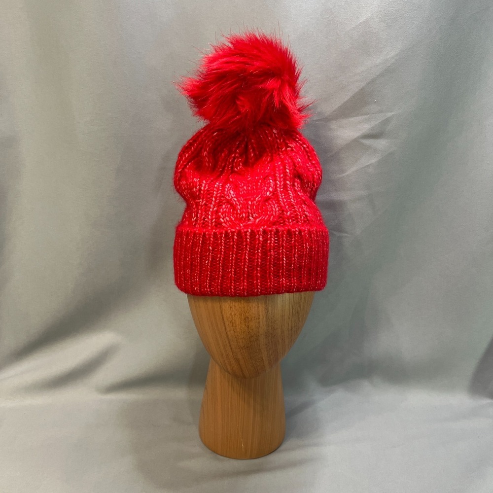 Loft Beanie Hat Womens Red Faux Fur Pom Pom Wool Winter Warm Cable Knit‎ Cozy